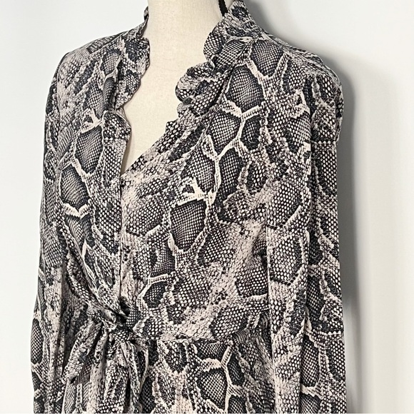 Rebecca Taylor Silk Tie-Waist Shirt Dress Long Sleeve Snakeskin Print 4 Gray - Picture 12 of 16